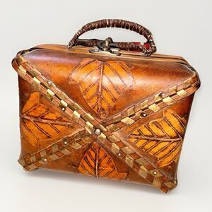 Vintage Handmade Wooden Purse Leaf Motif Bamboo Brass Hardware Hook Latch 100yrs